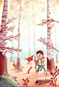 Commande personnalisée d'une illustration à l'aquarelle. Un petit garçon se promène en forêt accompagné de ses amis les renards!