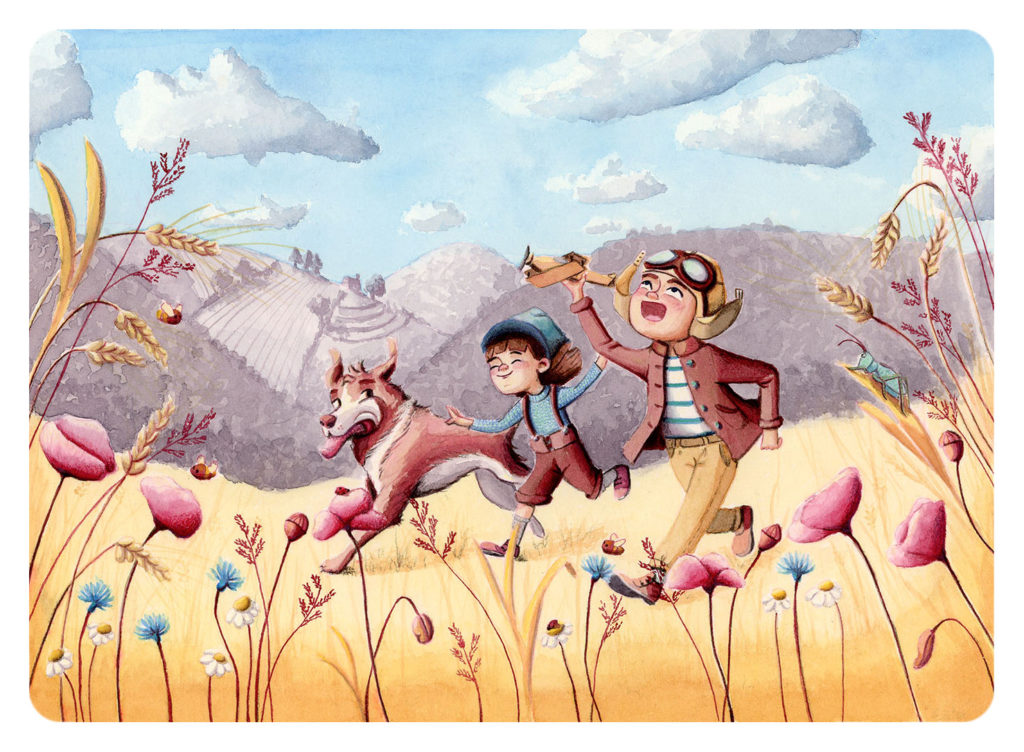 Illustration aquarelle d'enfants courant dans un pré fleurit accompagné de leur fidèle chien. Liberté et rêve d'enfants!