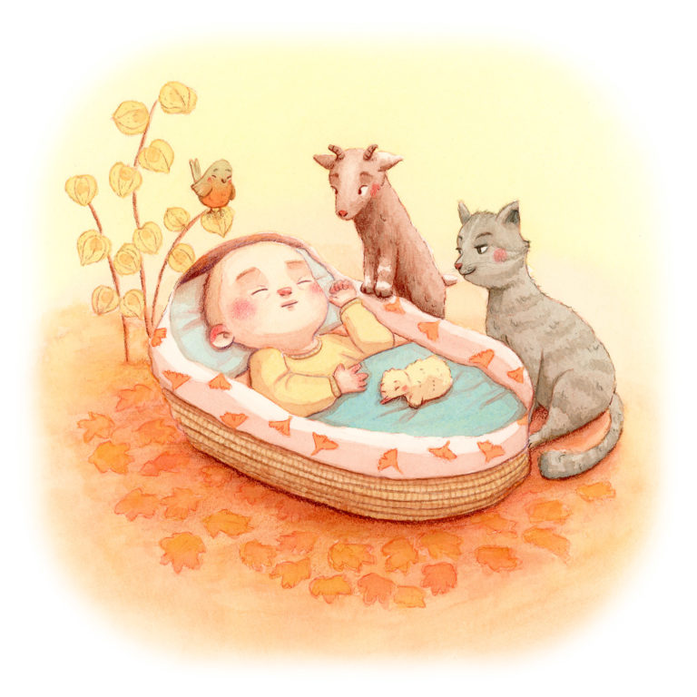 Illustration commande faire part de naissance, chat, chevreau et rouge gorge veille sur le nouveau né