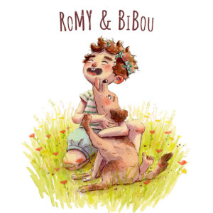 Illustration personnalisée avec les prénoms Un enfant et son chien s'amusent dans l'herbe