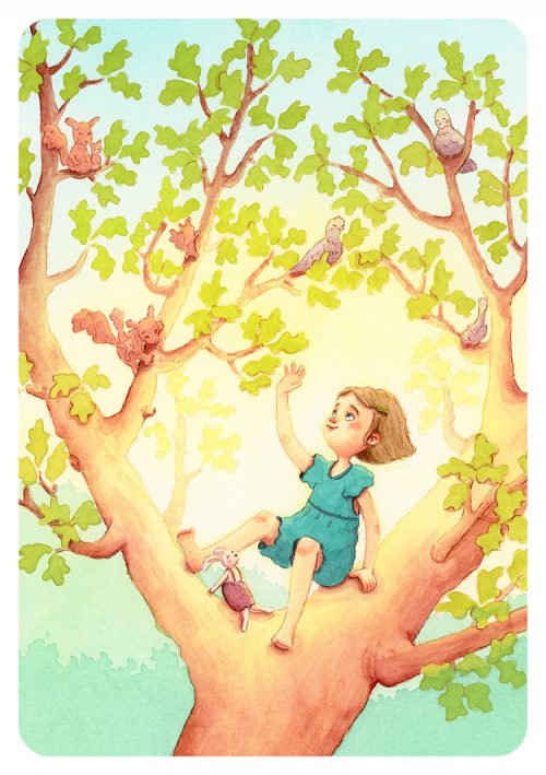 Commande faire-part de naissance illustraition d'une petite fille dans un arbre