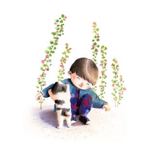 Illustration gouache d'un enfant et son petit chien