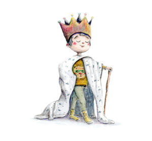Illustration aquarelle d'un enfant roi de la galette. Cet enfant si fier d'avoir gagné la fève nous le montre gaiement!