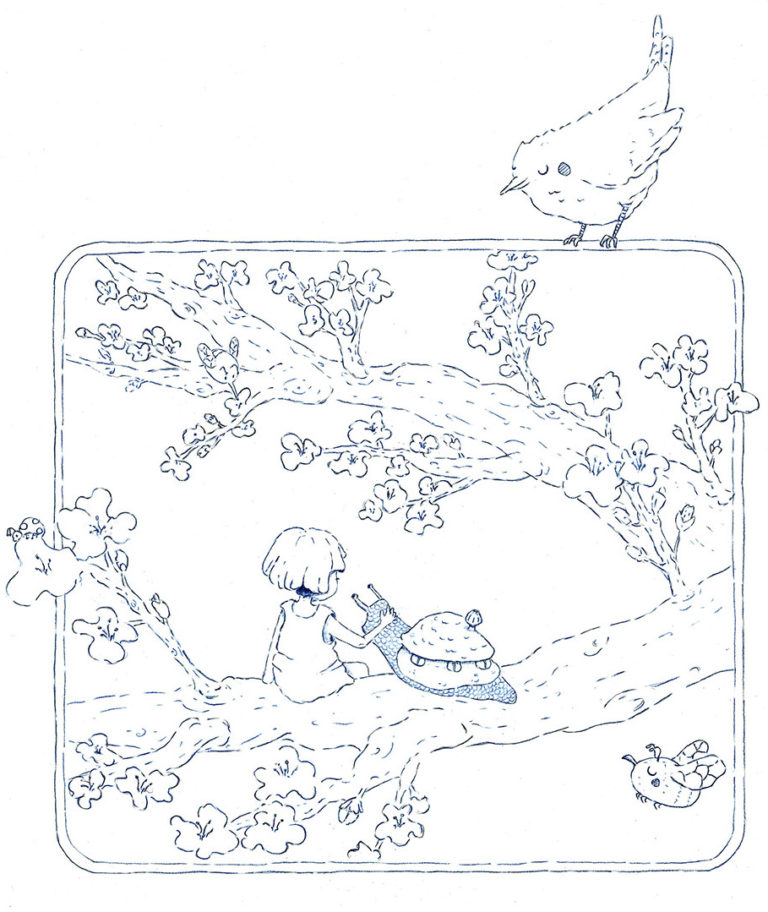 Croquis illustration sur la branche d'un pommier en fleurs un escargot et une petite fille se font des confidences.