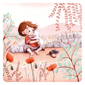 Illustration d'une petite fille qui fait un gros câlin à son chat. Illustration pour le livre auto-éditée Ce que J'aime moi.
