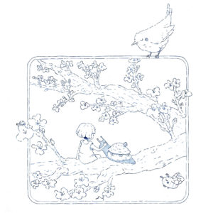 Croquis illustration sur la branche d'un pommier en fleurs un escargot et une petite fille se font des confidences.
