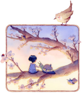 Illustration jeunesse à la gouache une petite fille sur une branche en compagnie d'un escargot