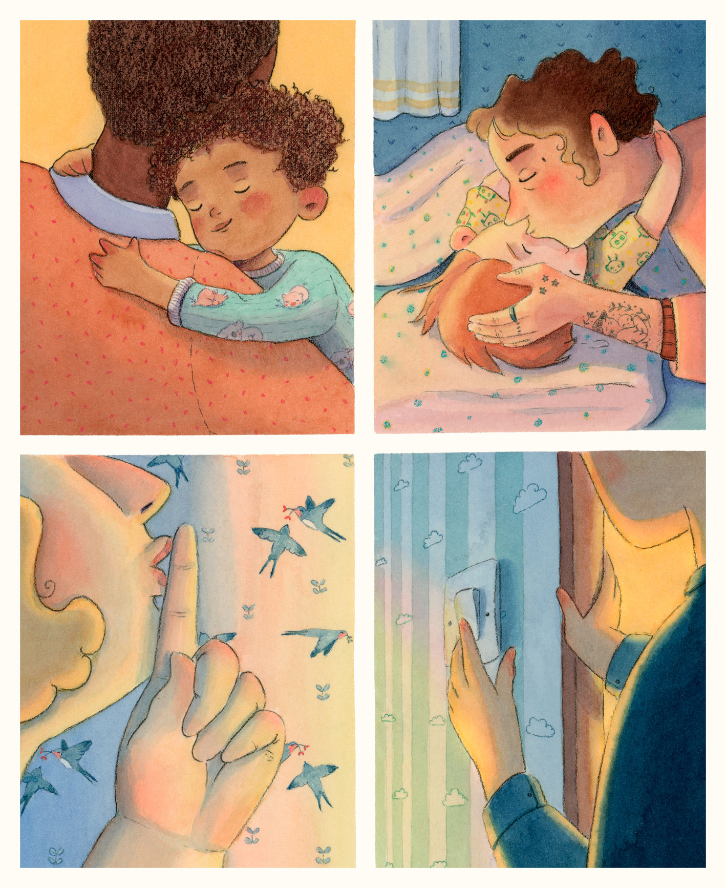 Extrait de l'album jeunesse Tendres mains : quatre vignettes représentant des moments de tendresse avant de s'endormir.