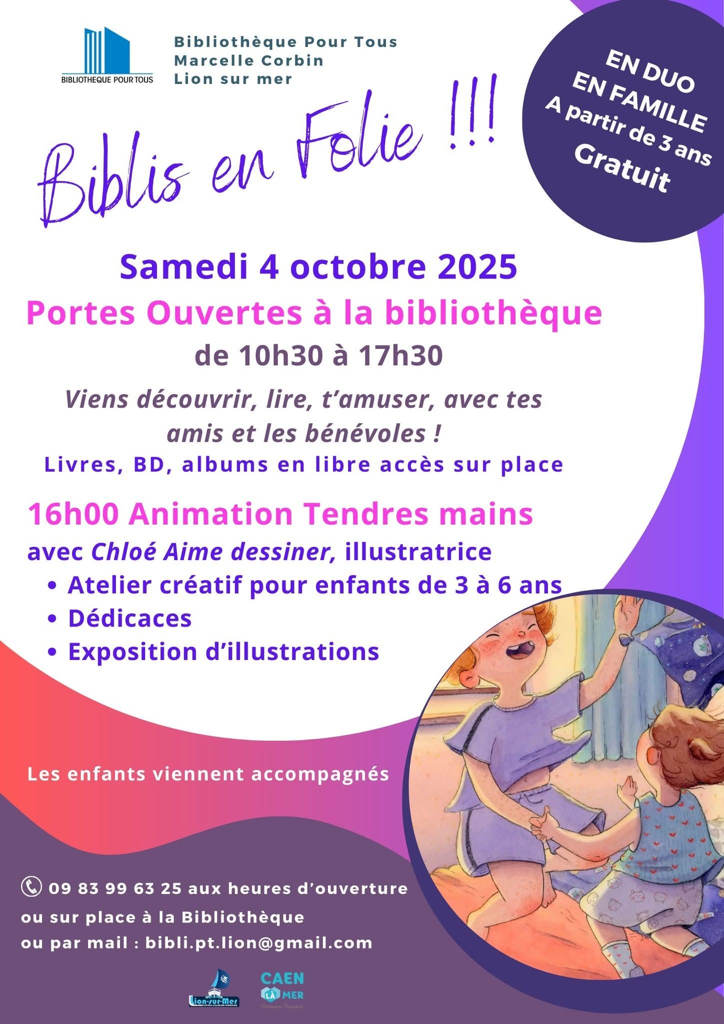 Affiche Biblis en folie : portes ouvertes du samedi 4 octobre 2025 à la bibliothèque de Lion-Sur-Mer.
