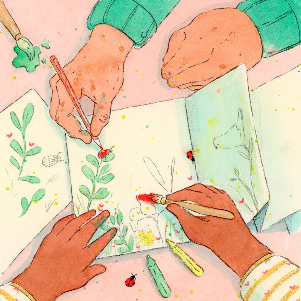Illustration d'un enfant et d'un adulte dessinant des plantes et des insectes sur un Leporello. 